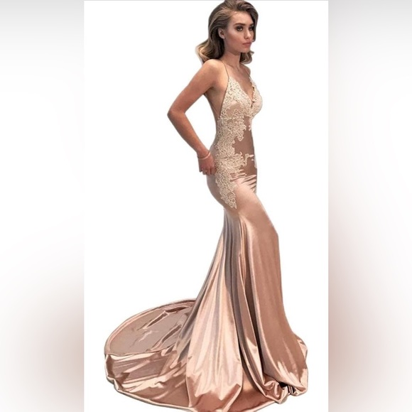 Dresses & Skirts - Women's Lace Appliques Mermaid Long Train Prom Dresses Open Back Evening Gowns
